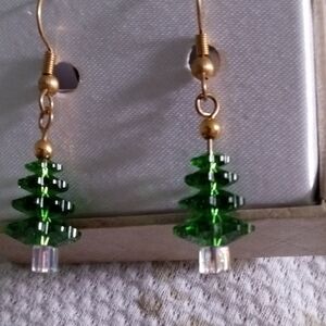 Elegant Swarovski Green Christmas Tree Earrings. Handmade and New